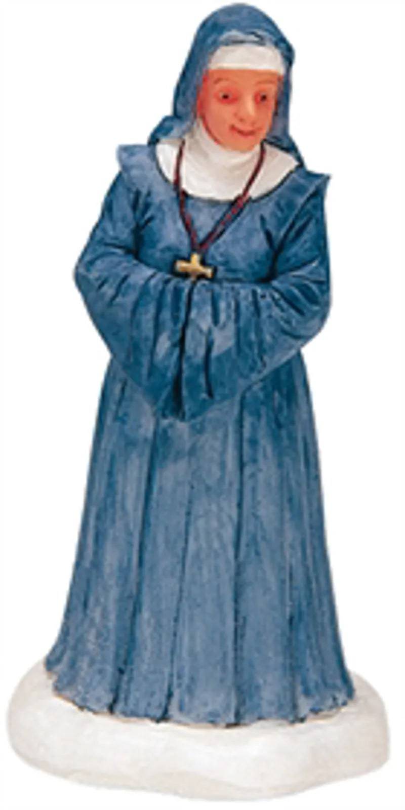 Lemax Sister Sarah Christmas Village figurine with festive holiday attire and detailed village scene background