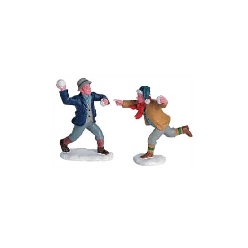 Set of 2 Lemax Snowball Fun Christmas village figurines featuring festive snowball scenes and holiday decorations.