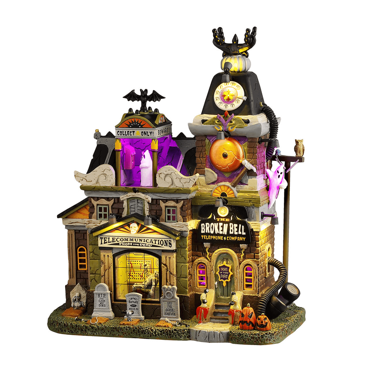 Lemax Spooky Town Broken Bell Telephone Co illuminated building with spooky decor and glowing windows.
