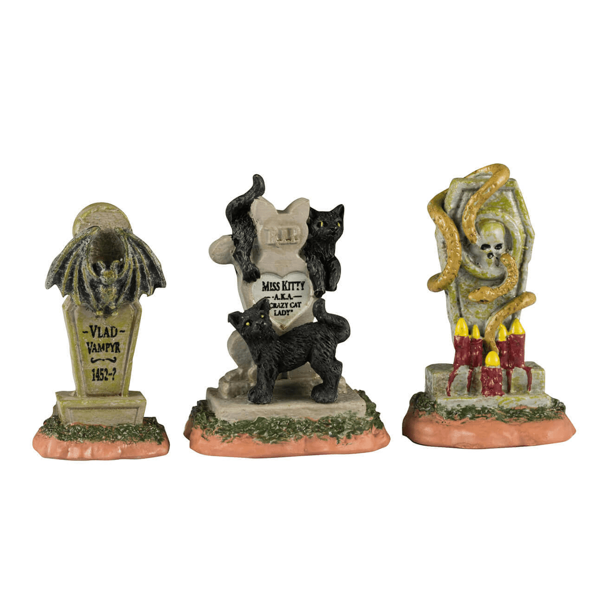 Set of three Lemax Spooky Town headstones, Halloween-themed accessories with detailed tombstone designs for spooky decorations.
