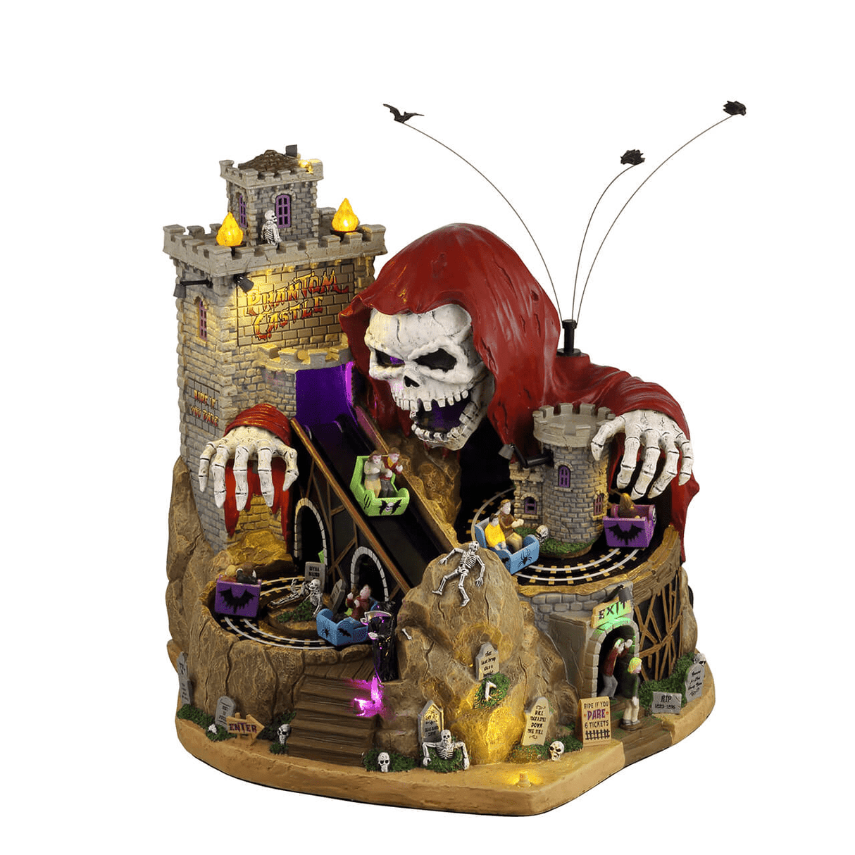 Lemax Spooky Town Phantom Castle Sights and Sounds display, featuring detailed spooky castle with lights and sound effects.