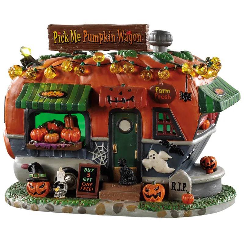 Pick Me Pumpkin Wagon Lemax Spooky Town Illuminated Building - Mill Race Garden Centre