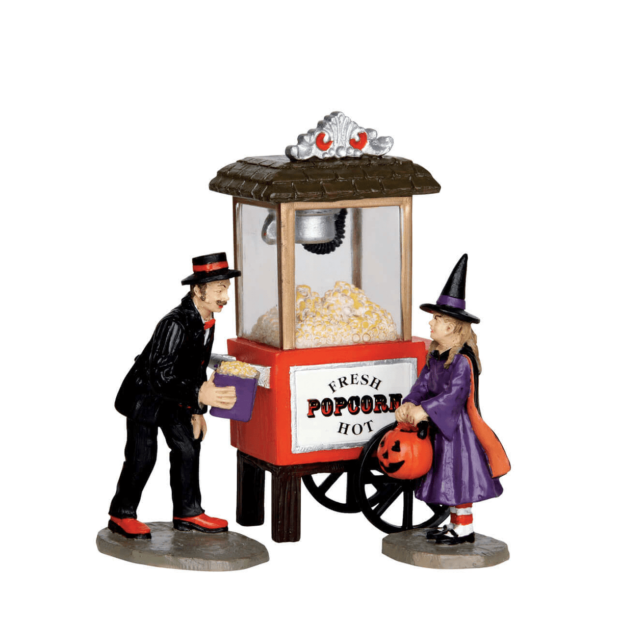 Set of 3 Lemax Spooky Town popcorn treat figurines, detailed Halloween-themed Lemax figurines for holiday decor.