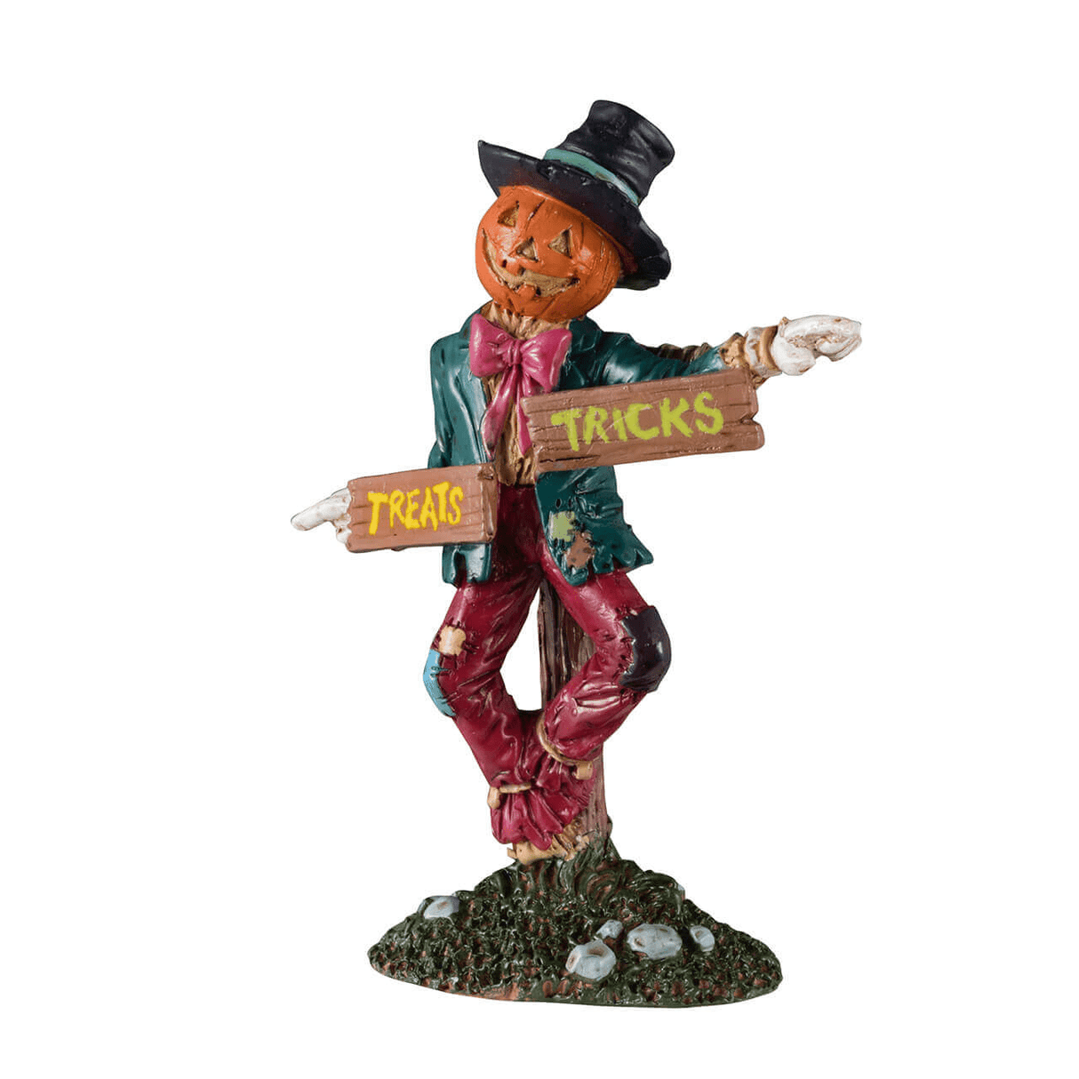 Lemax Spooky Town scarecrow signpost accessory with weathered wood and spooky signage for Halloween village display