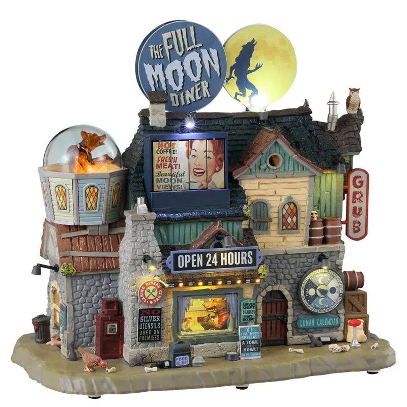 Lemax Spooky Town Full Moon Diner Sights & Sounds display with illuminated diner and spooky night scene, detailed Halloween decor.