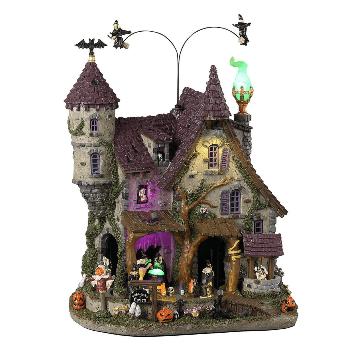 Lemax Spooky Town Wicked Garden Coven display with sights, sounds, and 4.5V adaptor, featuring eerie garden scene and spooky decorations.