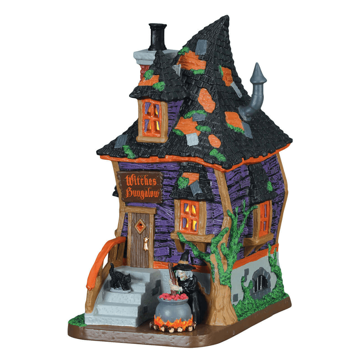 Lemax Spooky Town illuminated Witches Bungalow building with spooky Halloween decorations and glowing windows.