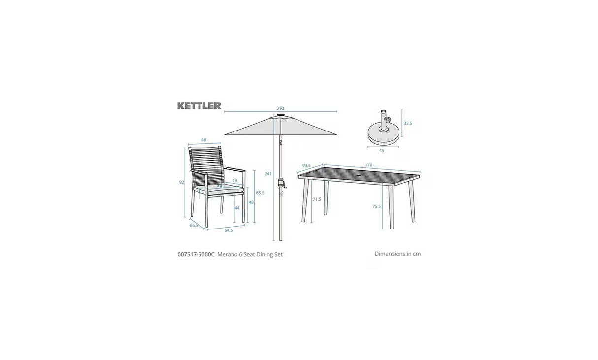 Kettler Charlbury Signature Merano 6-seat metal dining set with 170x90cm table, parasol, and base, outdoor furniture.