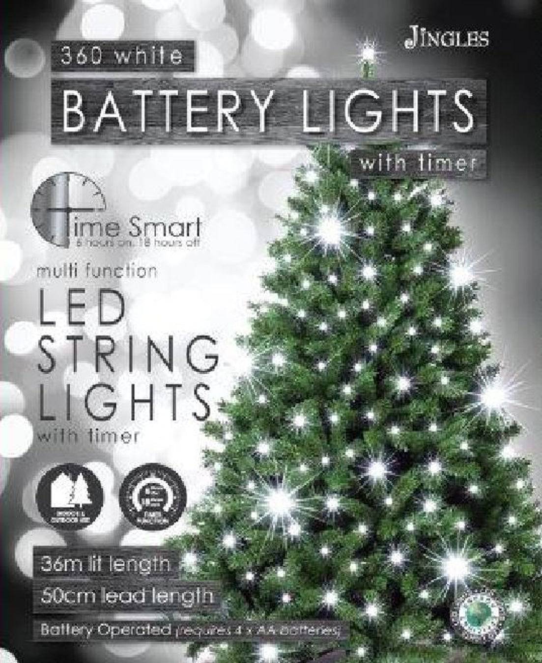 Jingles 360 LED White Multi Function Battery String Lights with Time Smart - Mill Race Garden Centre