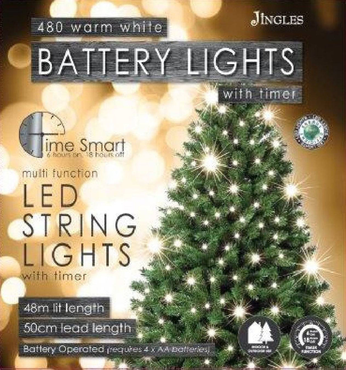Jingles 480 LED Warm White Multi Function Battery String Lights with Time Smart - Mill Race Garden Centre