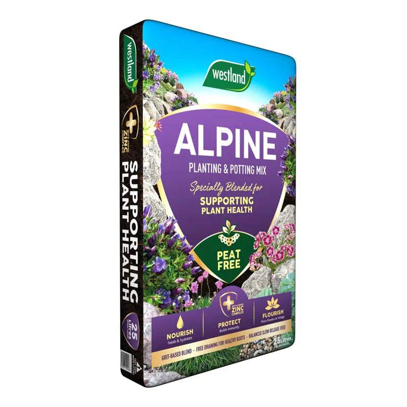 Westland Alpine Planting and Potting Peat-Free Mix 25L bag for gardening, showing the bag with branding and product details.