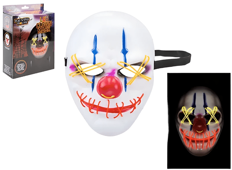 Neon lit Halloween clown mask by Pms International Group Plc with glowing colors and spooky clown face for Halloween costume.