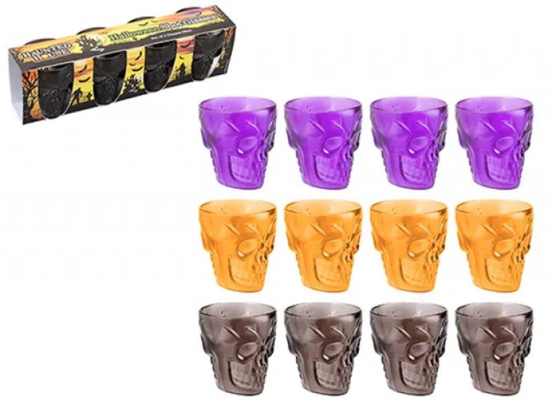 Set of four plastic Halloween skull head shot glasses in assorted colors, featuring spooky skull designs for festive celebrations.