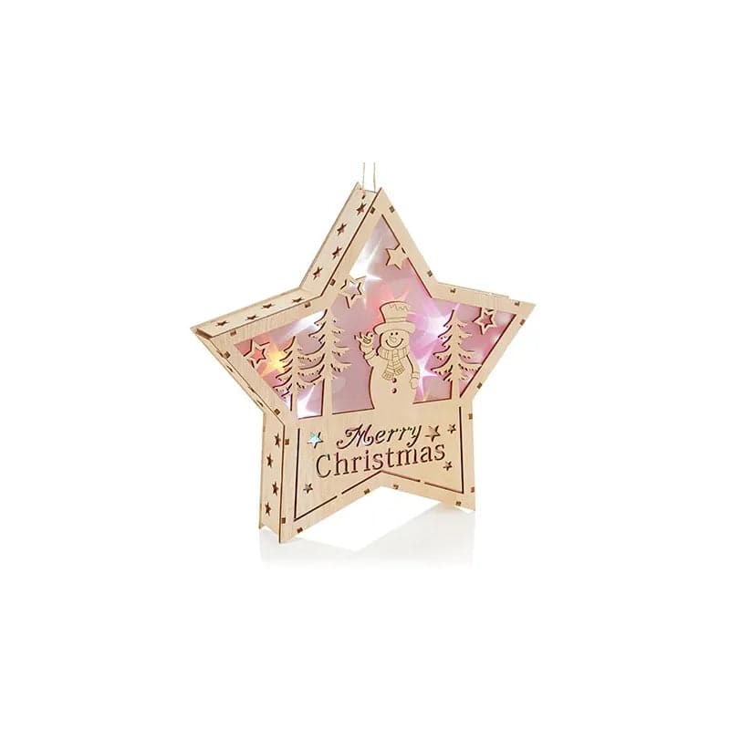 30cm Battery Operated Lit Wooden Star with Snowman Scene 10 Colour Changing LEDs by Premier - Mill Race Garden Centre