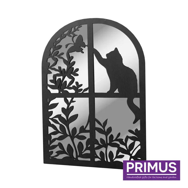 Black Metal Cat in Round Top Window Garden Mirror by Primus - Mill Race Garden Centre