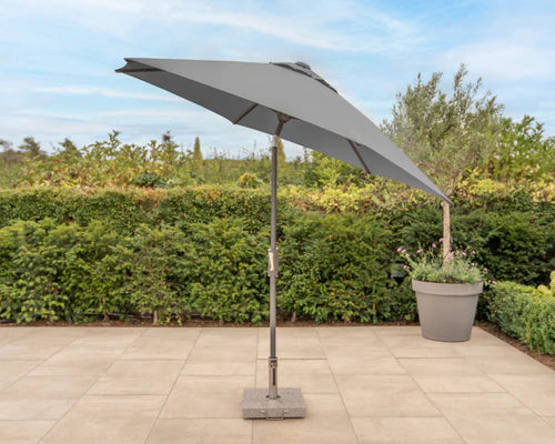 Kettler 3m wind-up parasol with slate canopy, grey frame, auto tilt, and night cover for outdoor shade and style.