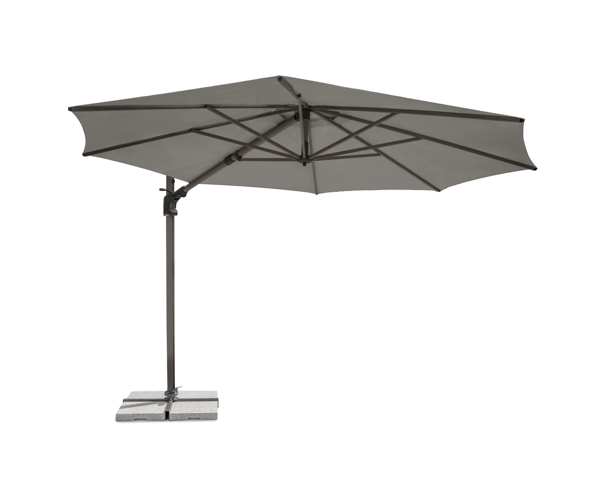 Kettler Luna 3m round cantilever parasol with slate canopy, granite base, and night cover in outdoor furniture setting