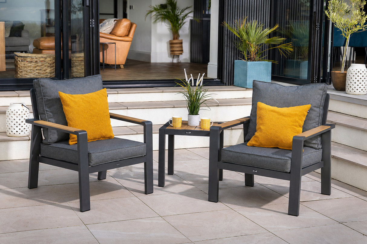 Metal Hartman Sonas Bistro Set with round table and two matching chairs, ideal for outdoor garden or patio seating.