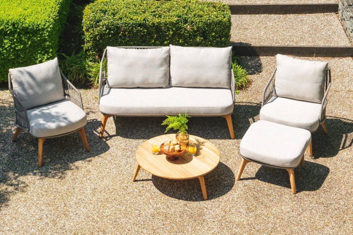 4 Seasons Outdoor Ancora Lounge Set – 2 Armchairs, 2.5-Seater Sofa, Footstool & 90cm Round Teak Coffee Table - Mill Race Garden Centre
