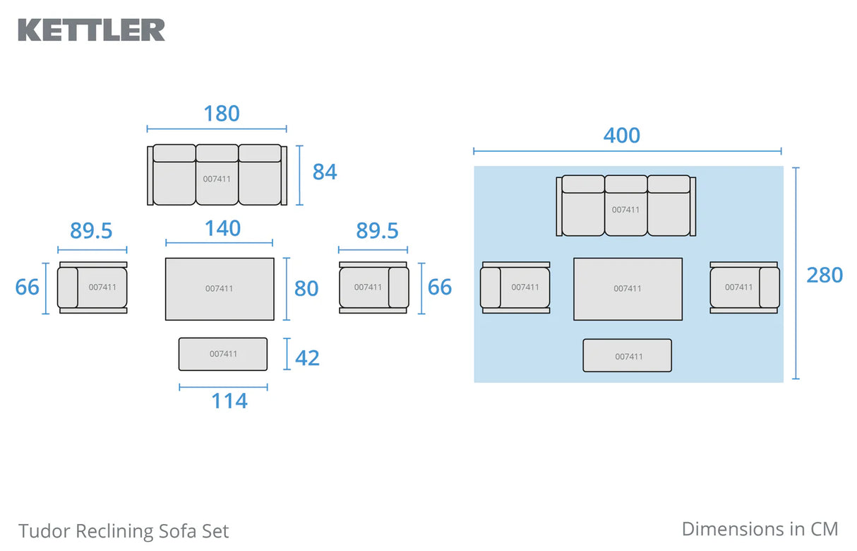 Kettler Tudor metal lounge set with 3-seat sofa, 2 recliners, bench, and 140x80cm table, outdoor garden furniture