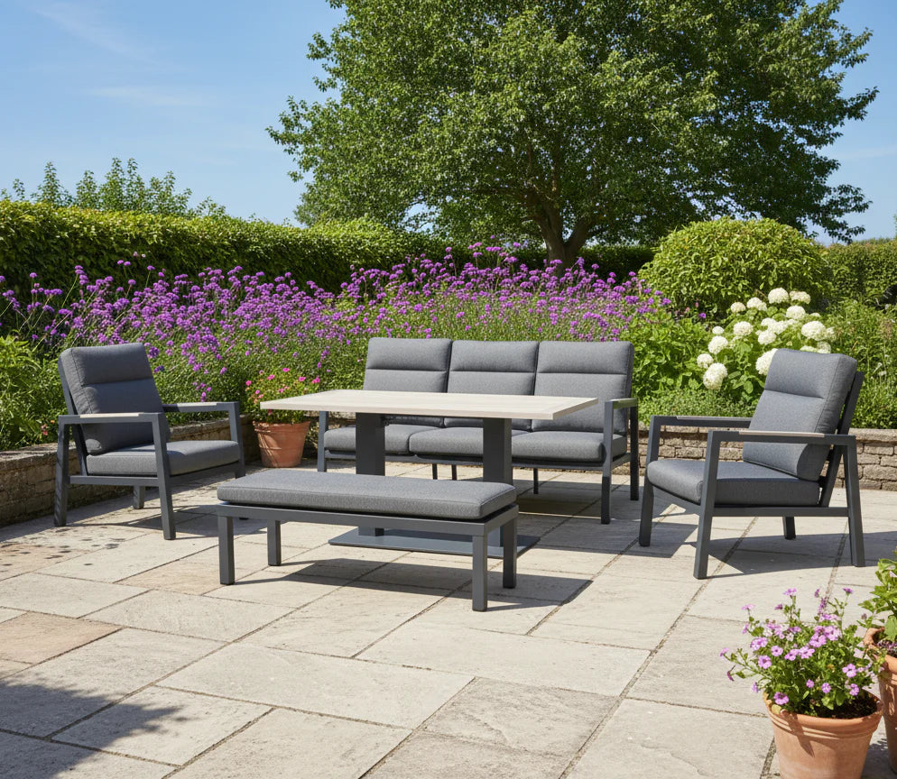 Kettler Tudor 5-seat sofa set with lounge armchairs and high/low tables, metal furniture for outdoor seating and relaxation.