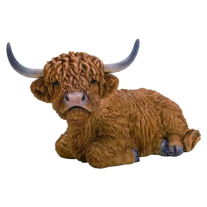 Laying Highland Cattle resin ornament by Vivid Arts, realistic detailed Highland cattle figurine for display or collection.