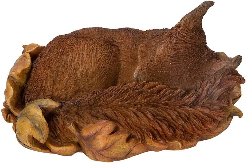 Sleeping red squirrel resin ornament by Vivid Arts, realistic outdoor home decoration featuring a cute baby squirrel.