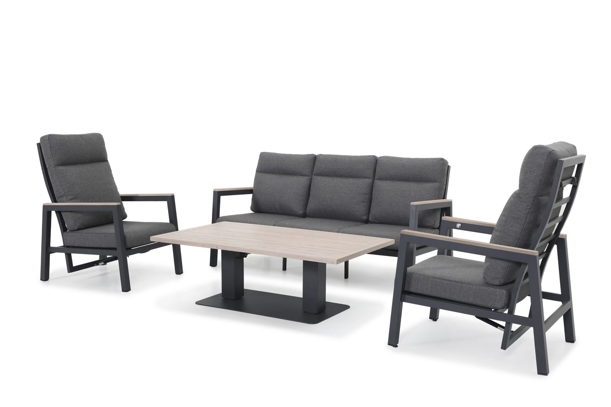 Kettler Tudor 3-seat sofa set with two reclining chairs, a bench, and a 140x80cm table in a metal lounge furniture design.