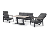 Kettler Tudor metal lounge sofa set with 3-seat sofa, 2 recliner chairs, matching bench, and 140x80cm table in outdoor furniture.
