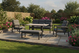 Kettler Tudor 5-seat sofa set with lounge armchairs and high/low table, outdoor metal furniture for patio relaxation.