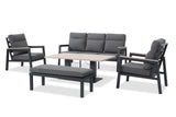 Kettler Tudor 5-seat sofa set with lounge armchairs and high/low table, outdoor metal furniture for patio relaxation.