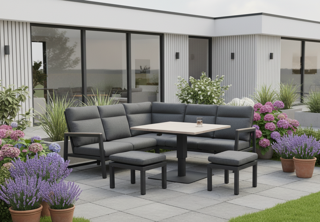 Kettler Charlbury Tudor Mini Corner Set with two footstools and a square high/low metal table in a modern outdoor furniture setting