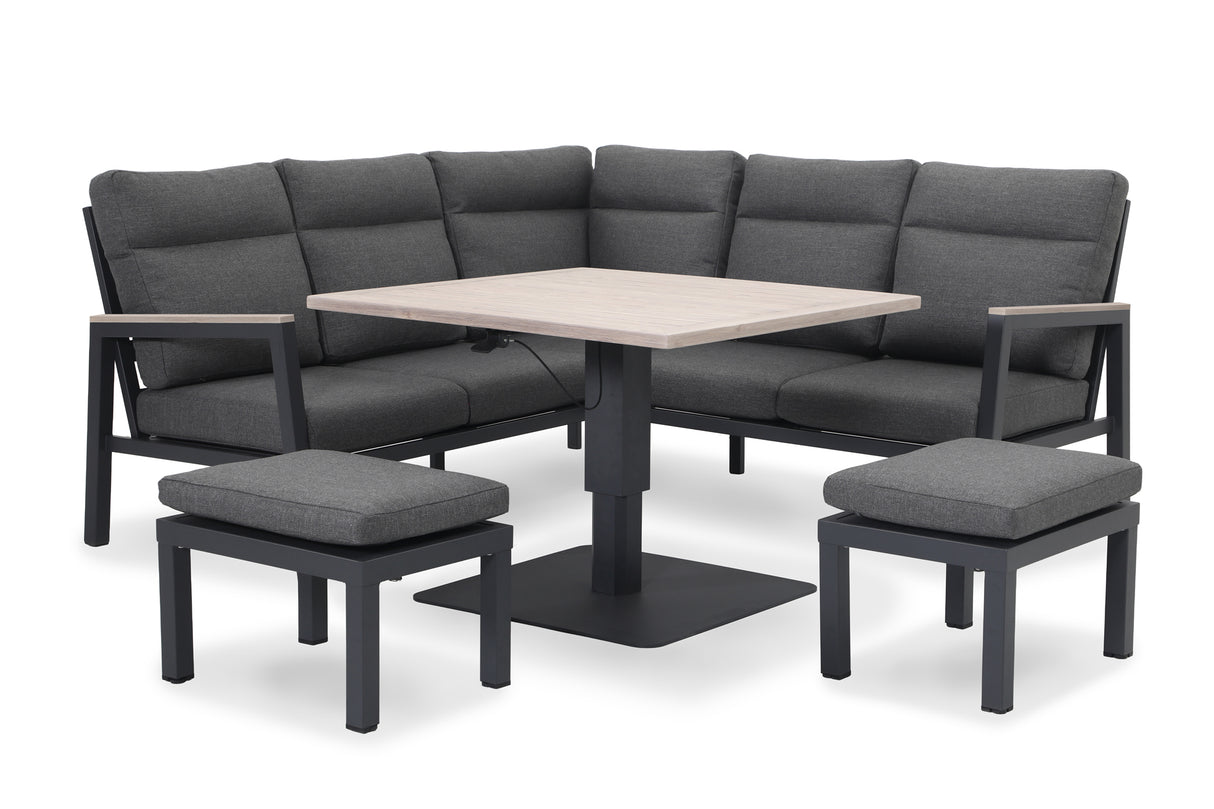 Kettler Charlbury Tudor Mini Corner Set with two footstools and square high/low table, metal outdoor furniture for patio or garden.