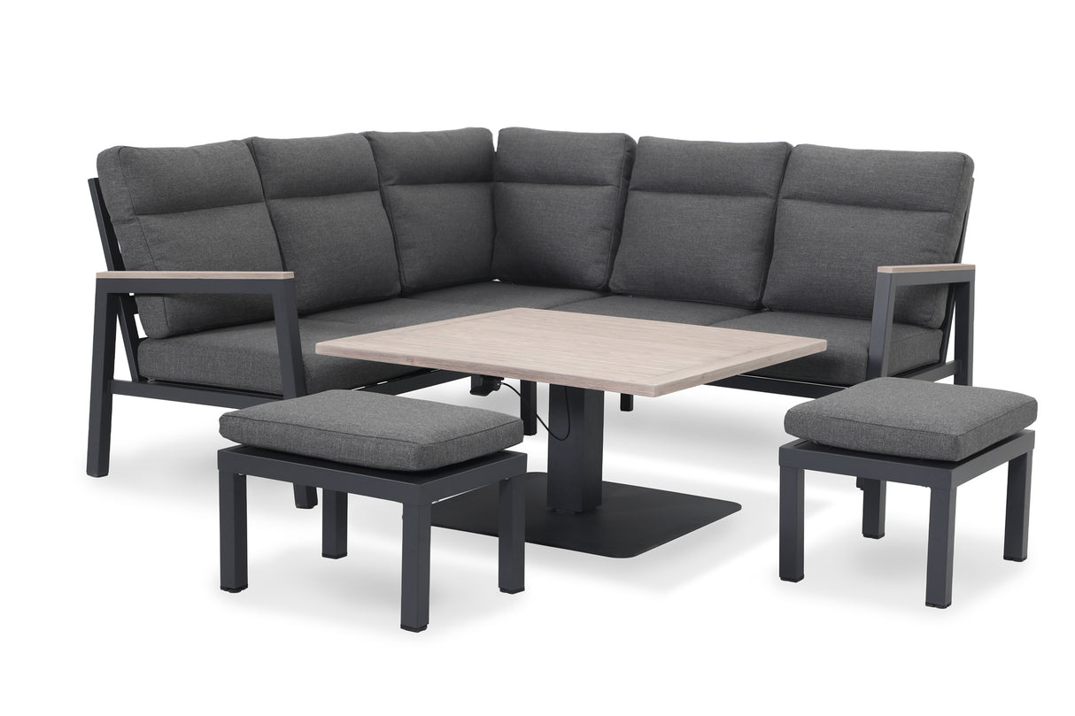 Kettler Charlbury Tudor Mini Corner Set with two footstools and a square high/low metal table for outdoor furniture.
