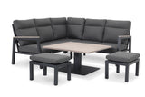 Kettler Charlbury Tudor Mini Corner Set with two footstools and a square high/low metal table for outdoor furniture.