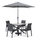 Kettler Tudor 4-seat metal dining set with stackable chairs, parasol, and base for outdoor patio furniture.