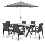 Kettler Tudor 6-seat metal dining set with 180x90cm table, parasol, and base, outdoor furniture for patio dining.