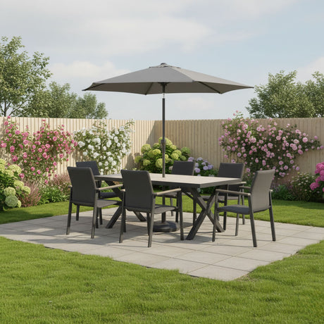 Kettler Tudor 6-seat metal dining set with 180x90cm table, parasol, and base, shown in a stylish outdoor setting.