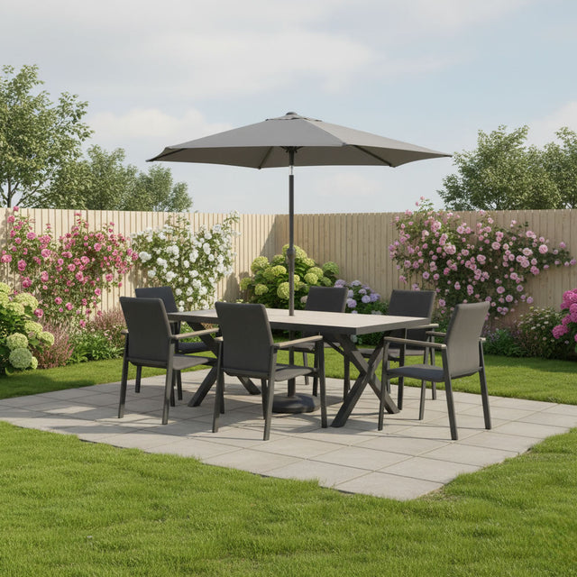Kettler Tudor 6-seat metal dining set with 180x90cm table, parasol, and base, featuring a stylish outdoor furniture design.