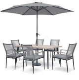 Kettler Merano 6-seat metal dining set with 170x90cm table, parasol and base, outdoor furniture for garden dining.