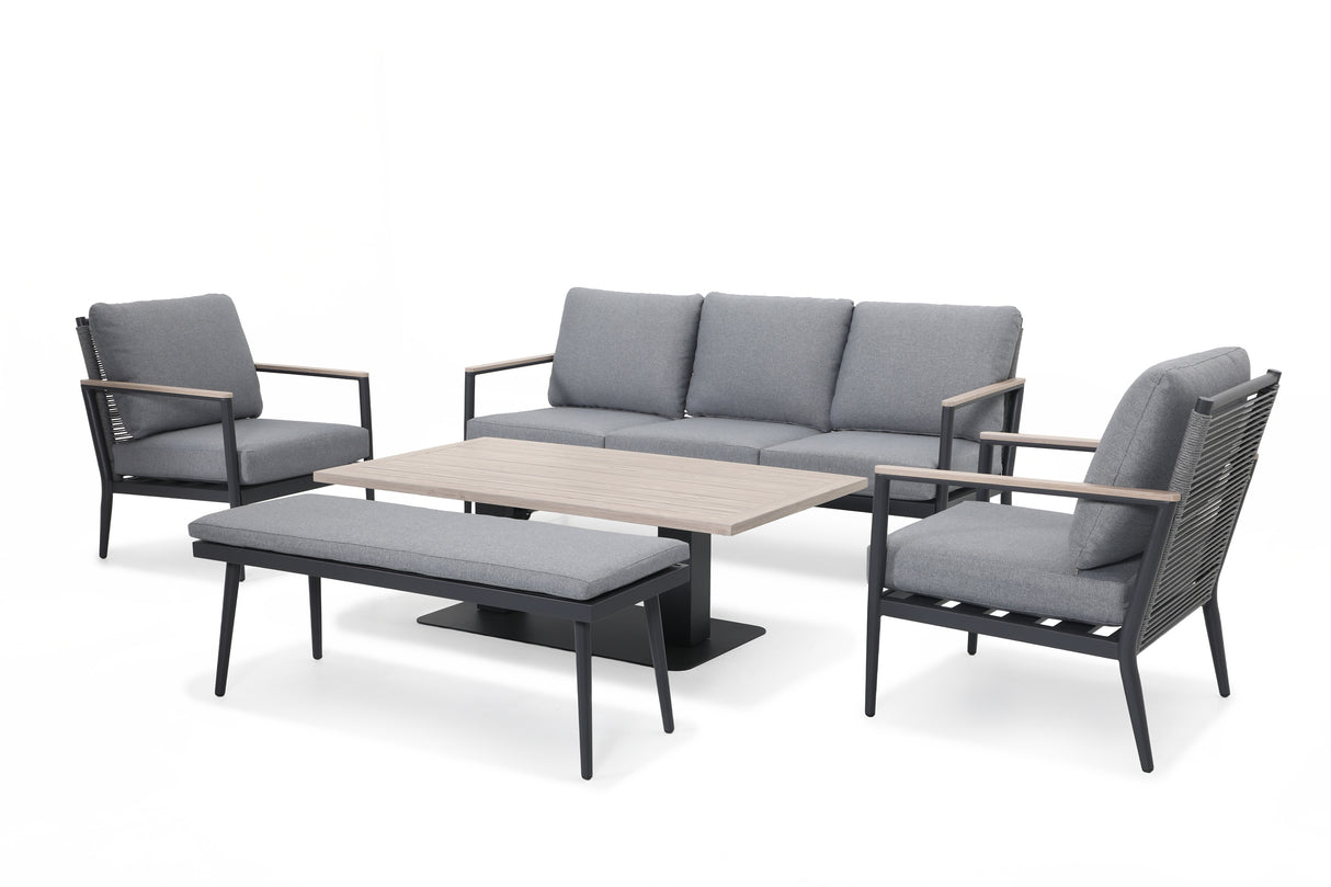 Kettler Merano aluminium 7-seat sofa set with a 140cm x 80cm high/low table, featuring modern lounge furniture design.