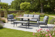Kettler Merano aluminium 7-seat sofa set with high/low table, includes three-seat sofa, armchairs, bench, and outdoor furniture.