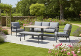 Kettler Merano aluminium 7-seat sofa set with high/low table, includes three-seat sofa, armchairs, bench, and outdoor furniture.