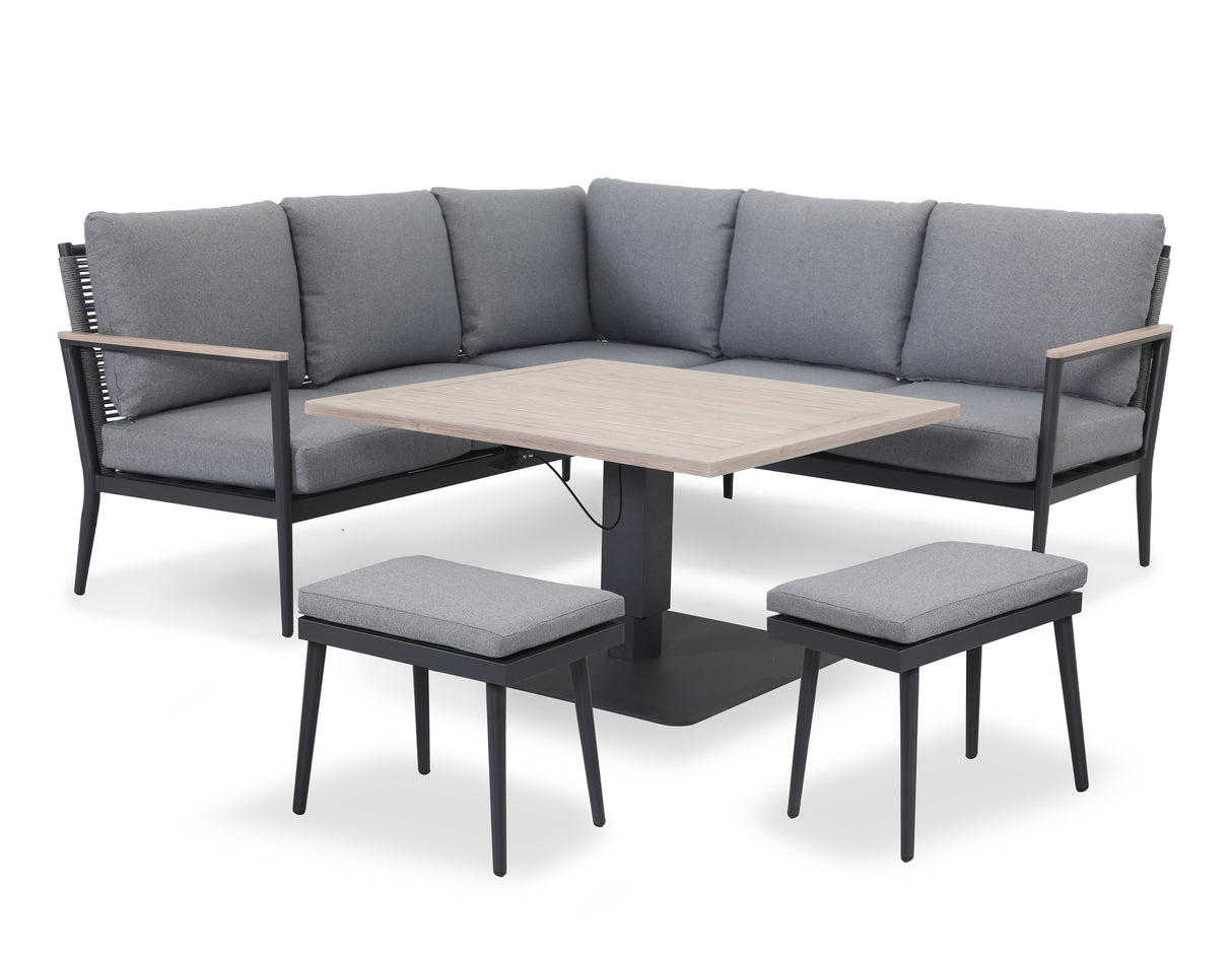 Kettler Charlbury Merano aluminium corner set with square high/low table, outdoor patio furniture in a modern design.
