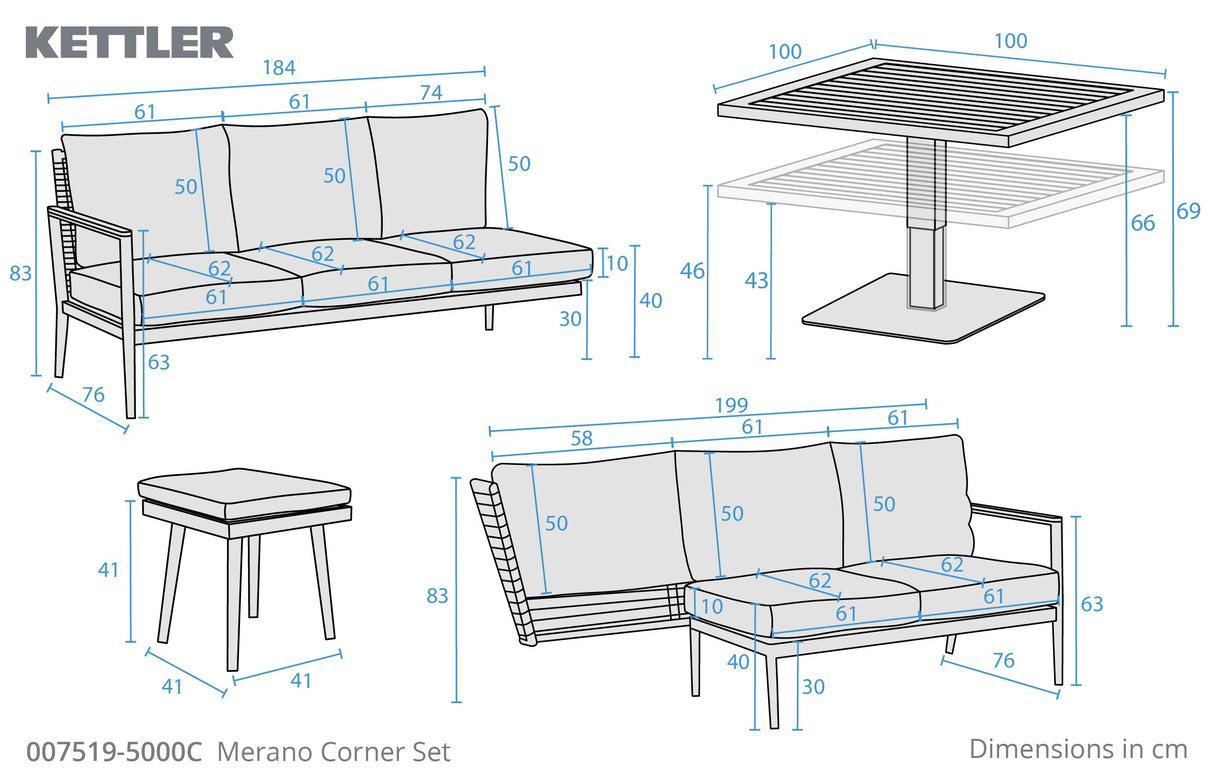 Kettler Charlbury Signature Merano aluminium corner furniture set with square high/low table, outdoor metal patio furniture.