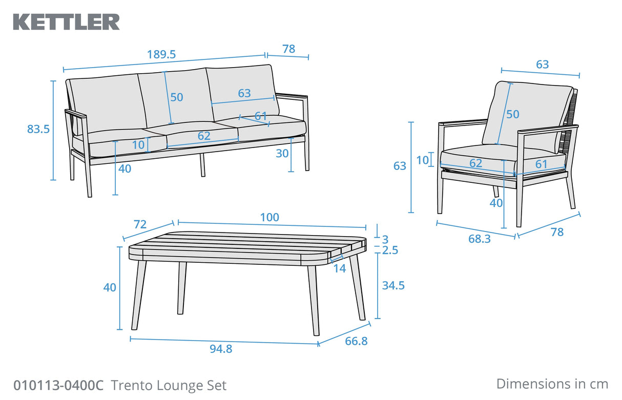Kettler Trento 5-seat rope lounge set with metal frame, including sofa and armchairs, outdoor furniture for relaxing and socializing.