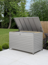 Open Kettler Pebble aluminium storage cushion box showing spacious interior for outdoor cushions or garden tools.