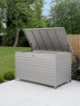 Open Kettler Pebble aluminium storage cushion box showing spacious interior for outdoor cushions or garden tools.