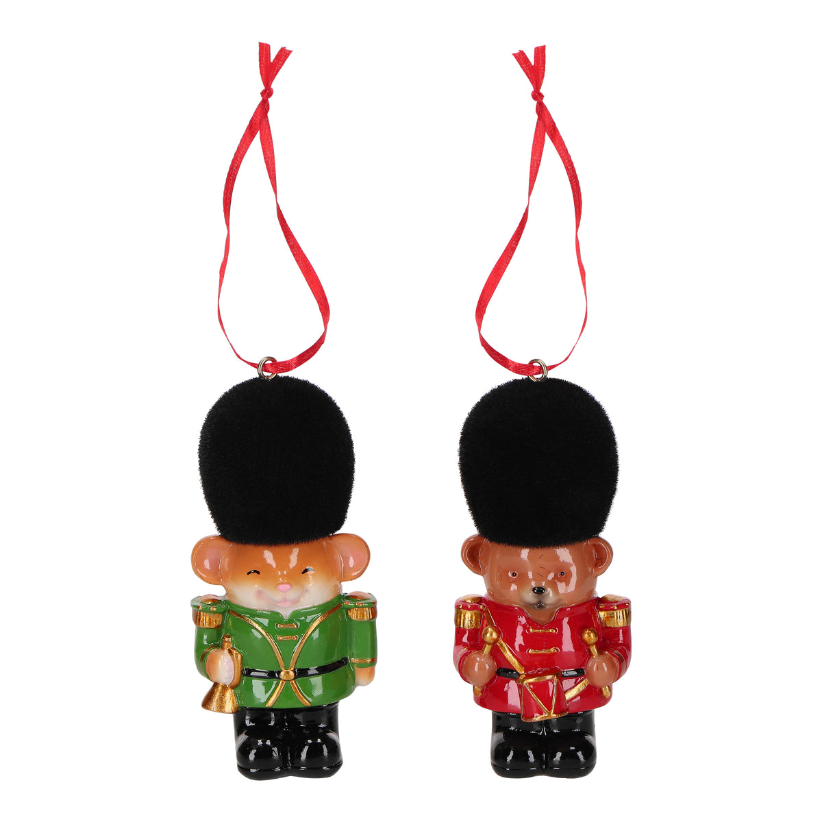 TimStor Christmas Mouse Soldier Polyresin Tree Hanging Ornament (11 cm) – Guard Mouse in Green Uniform with Tall Black Hat & Gold Bell