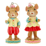 TimStor Pastel Christmas Mouse Boy Polyresin Tree Hanging Ornament (10.5 cm) – Sweet Mouse in Yellow Jacket, Turquoise Sleeves & Sparkling Pink Hat on Gold Pedestal